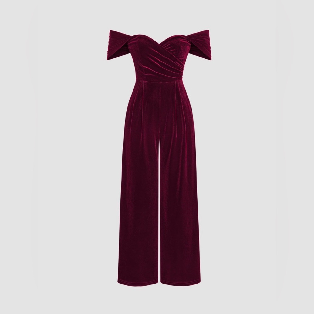 Velvet Off-shoulder Solid Ruched Jumpsuit